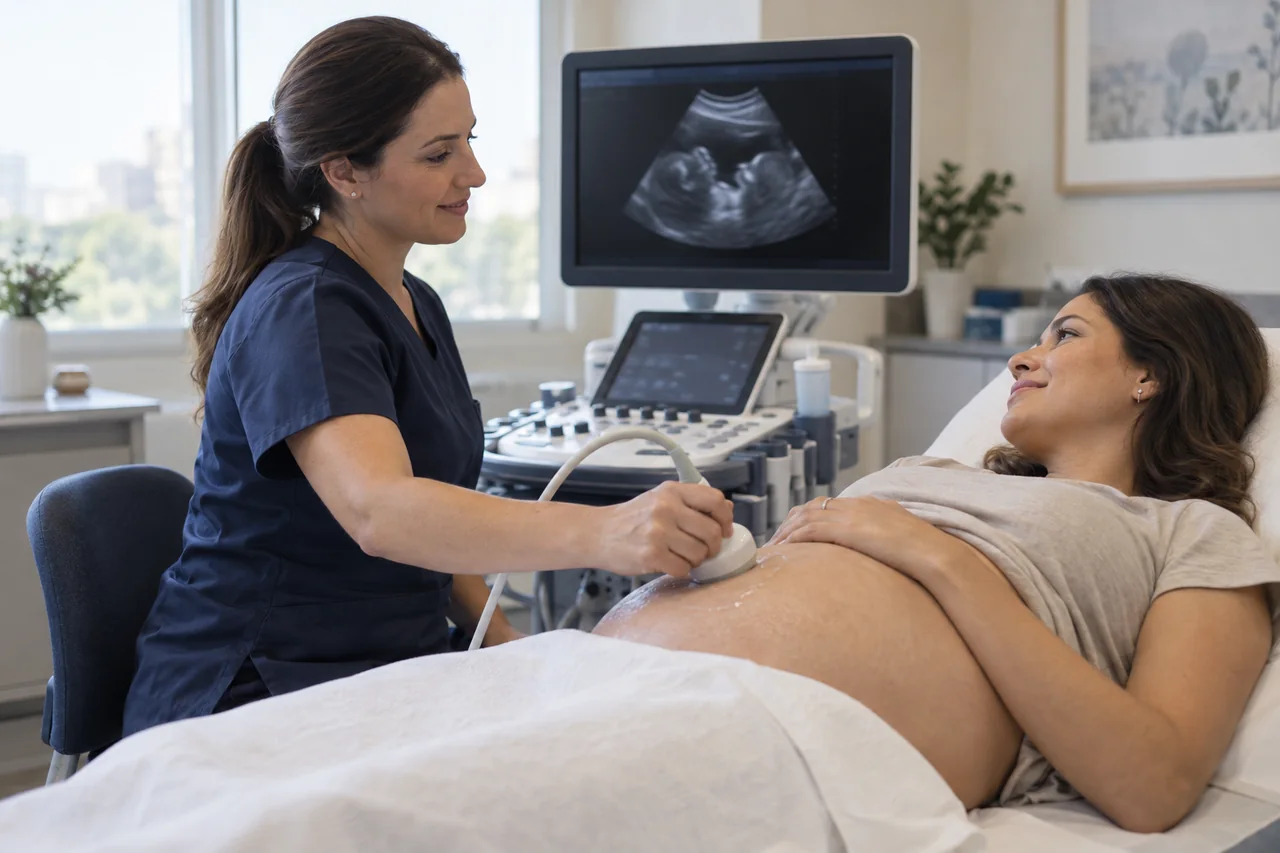 Cena ilustrativa de uma gestante durante um exame de ultrassom, com o transdutor sobre a barriga.